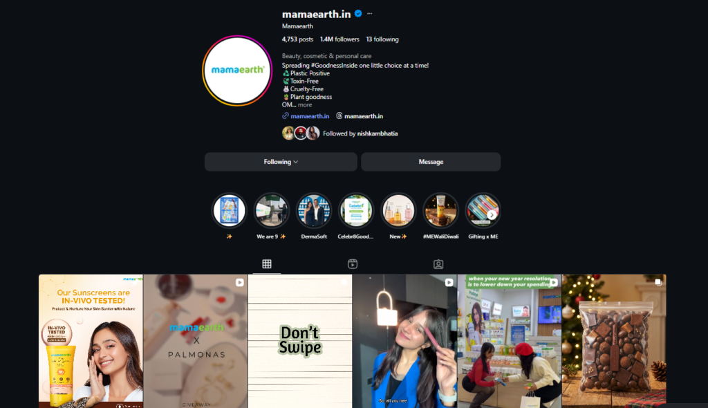 Instagram page of Mamaearth
